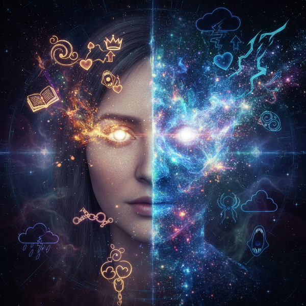 Сюрреалистичен портрет, изобразяващ човек с лице, разделено между реалност и цифров поток, с абстрактни символи на желания и страхове.