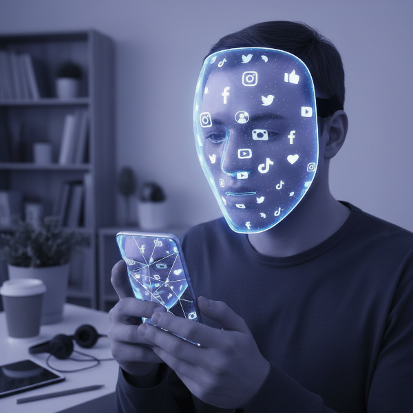 Изображение на човек с дигитална маска, гледащ разчупеното си отражение в екран, символизиращо размиването на онлайн и офлайн идентичност.