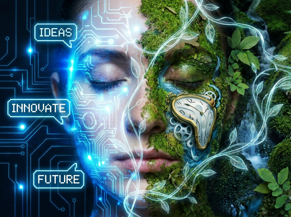 Изображение на човек с лице, разделено на дигитална екранирана половина с идеи и спокойна природна половина с течащ часовник, свързани с цифрови лози.