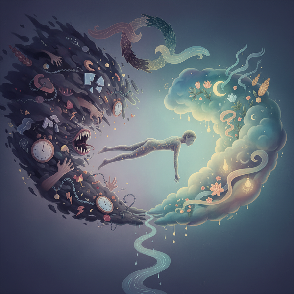 Сюрреалистичен пейзаж, показващ човек, балансиращ между хаотични символи на тревожност и облак на спокоен, възстановяващ сън.