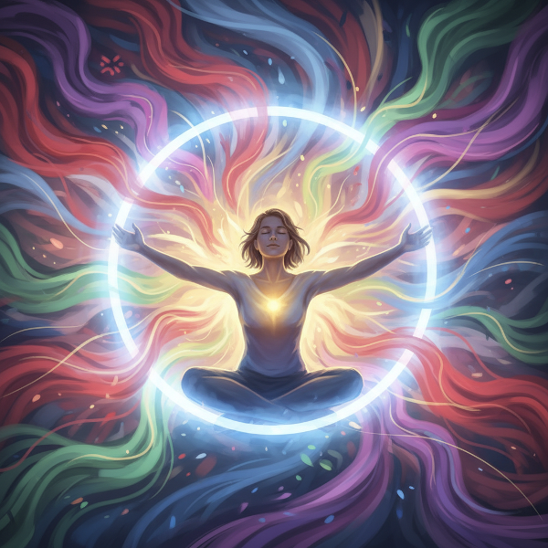 Човек с щит от светлина, който го предпазва от хаотични емоционални вълни, докато поддържа спокоен вътрешен център.