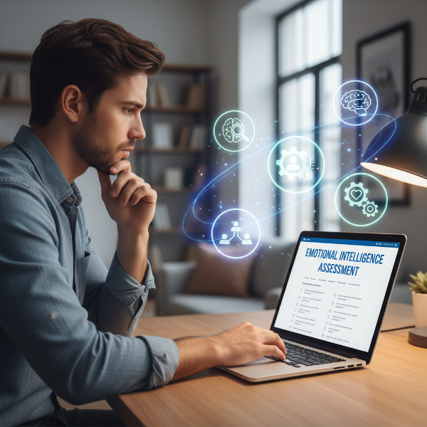 Изображение на човек, който решава онлайн тест за емоционална интелигентност, заобиколен от символи, представляващи четирите основни компонента.