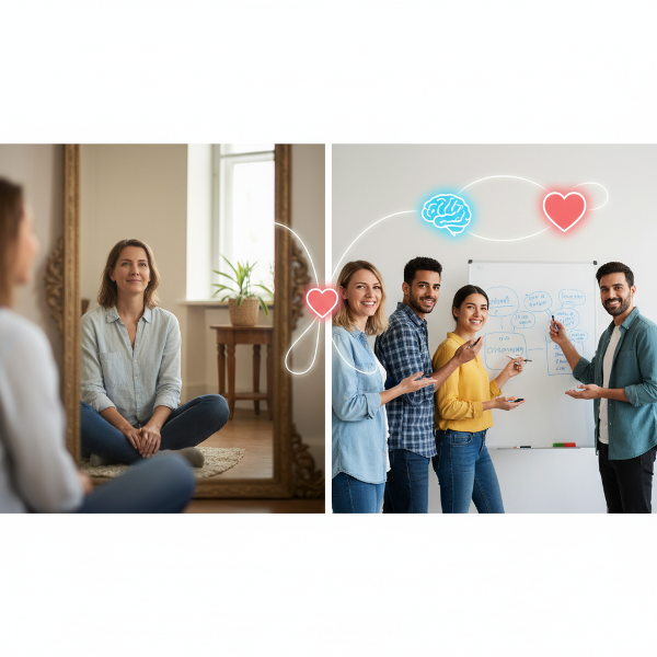 Илюстрация на човек, размишляващ пред огледало, и сцена на екипна работа, с икони на мозък и сърце, символизиращи баланса между емоционална интелигентност и взаимоотношения.