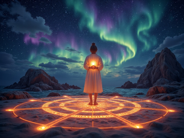 Изображение на човек, който се ориентира в светещ емоционален пейзаж, използвайки интуитивни пътеки и компас от чувства.