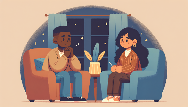 Илюстрация на двама приятели в уютна обстановка, където единият активно слуша и подкрепя другия, изразяващ емоционално напрежение.