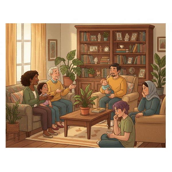 Илюстрация на семейство в уютна всекидневна, ангажирано в различни форми на комуникация – открит разговор, активно слушане и споделяне, символизиращо здрави взаимоотношения.