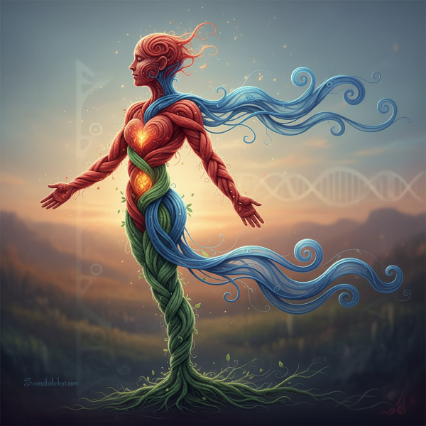 Абстрактна човешка силует, изтъкана от три преплитащи се нишки, символизиращи интимност, независимост и културна връзка.