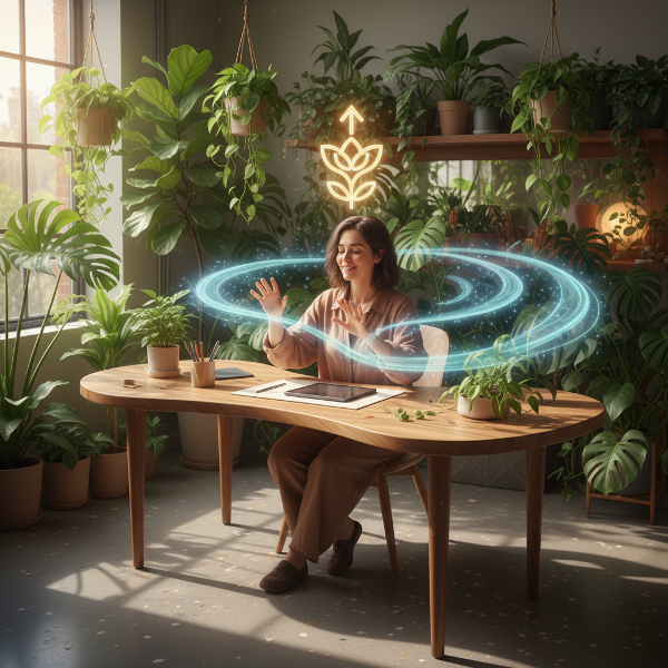 Изображение на човек, който цъфти в своята идеална работна екосистема, заобиколен от природни елементи и потоки от енергия, символизиращи хармония и растеж.