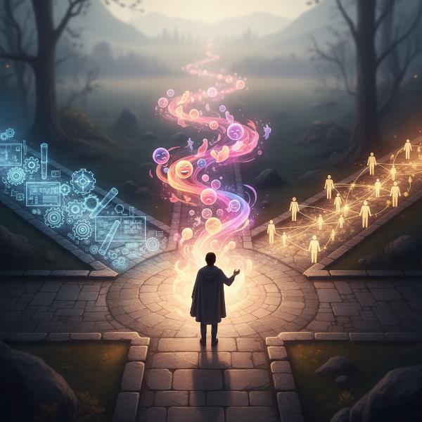 Изобразява човек на кръстопът с три светещи пътя, символизиращи логика, емоции и социална връзка.