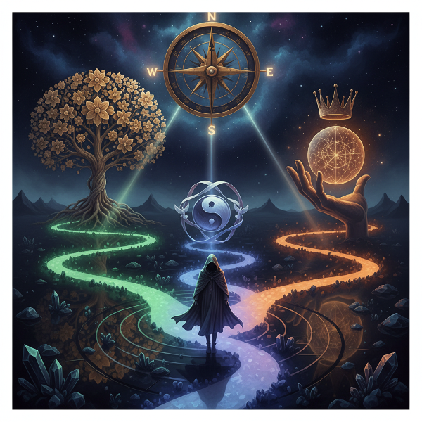 Изображение на човек на кръстопът с пътища, водещи към символи на растеж, хармония и влияние, осветени от вътрешен компас.