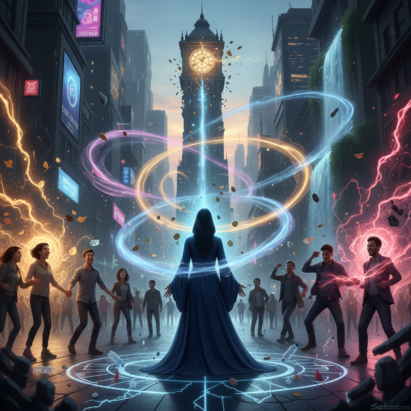 Човек, излъчващ невидими енергийни вълни, които влияят на обкръжаващите обекти и емоциите на хората, в атмосфера на баланс между хаос и хармония.