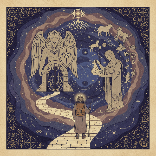 Мистична илюстрация, изобразяваща три архетипа - Пътешественик, Страж и Творец, вървящи през пейзаж на съзнанието.