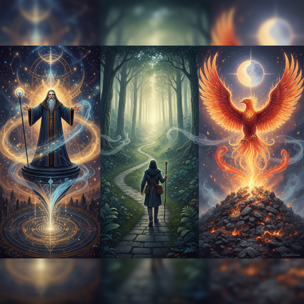 Мистична илюстрация на три трансформационни архетипа: Вълшебник, Пътник и Феникс, символизиращи пътищата на личностната промяна.
