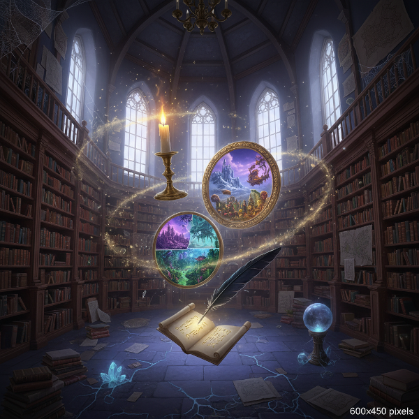 Загадъчна библиотека с митични предмети, които левитират в облак прах и светлина.