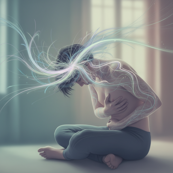 Изображение на човек, обхванат от психичен стрес, с абстрактни линии на напрежение, сочещи към физически дискомфорт в тялото.