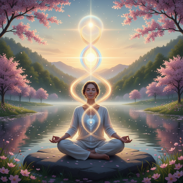 Изображение на човек в медитация, заобиколен от природа, с визуализирана светеща връзка между ума и тялото, символизираща хармония и самопознание.