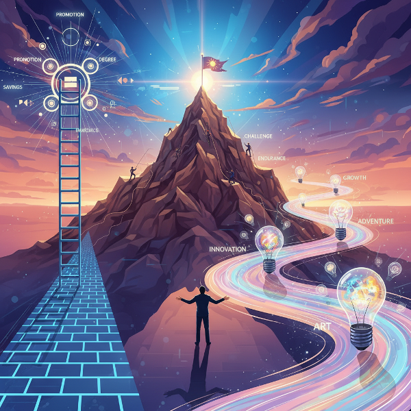 Изображение на човек на кръстопът с три пътя, символизиращи различни мотивационни стилове: структурирано планиране, ентусиазирано търсене на идеи и преодоляване на трудности.