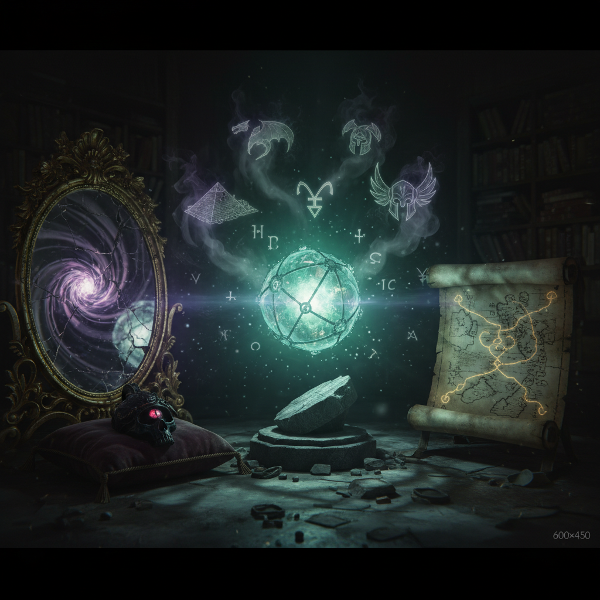 Магически артефакт, светещ в прашните архиви на забравено царство, заобиколен от сенки и древни символи.