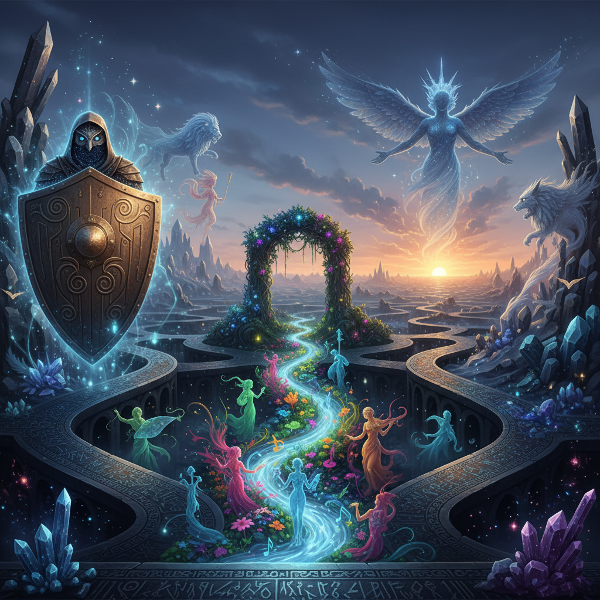 Мистичен лабиринт с три пътя, символизиращи архетипите Страж, Творец и Пътешественик, в които се сливат етерични фигури.