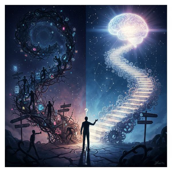 Илюстрация на човек на кръстопът между път на съзнателен контрол и път на автоматични навици.