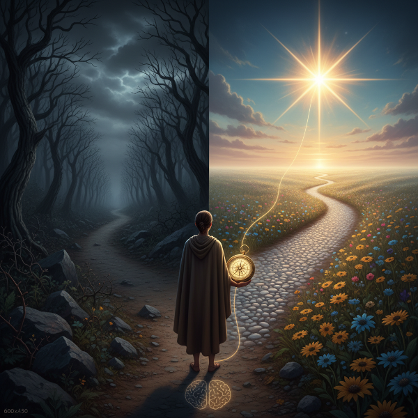 Изображение на човек на кръстопът между път, осветен от любопитство и мисия, и тъмен път на страха, с компас, сочещ към вътрешна цел.