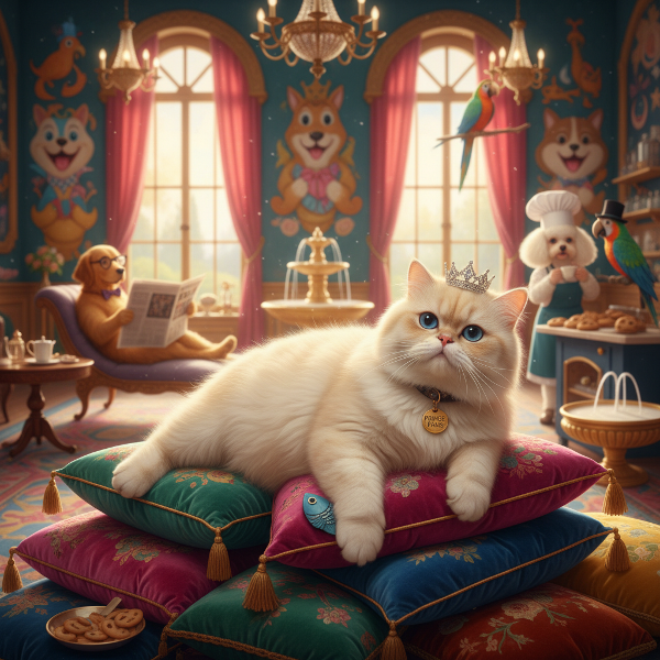 Човек, превърнат в разглезена котка, която се отдава на лукс в паралелна реалност, заобиколен от приятели-домашни любимци.