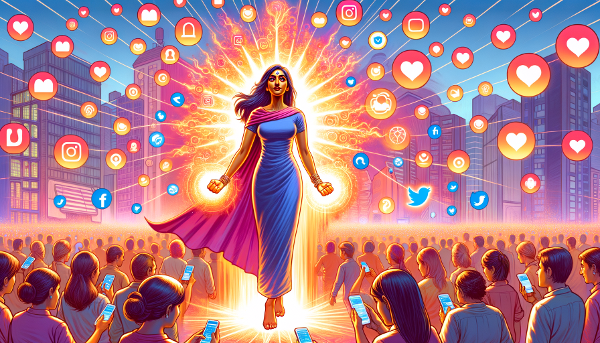 Илюстрация на човек в паралелен свят, чиито социални навици са се превърнали в суперсили, излъчващ дигитална енергия и заобиколен от плаващи икони.