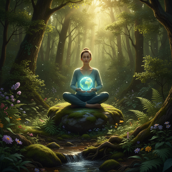 Човек в хармония с природата, държащ светещата Земя в ръце, илюстриращ баланса между екологично осъзнаване и психично благополучие.