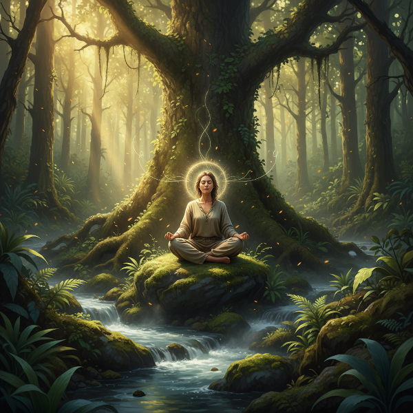 Изображение на човек, медитиращ спокойно в пълна с растителност гора, със слънчева светлина, пробиваща се през листата, символизиращо хармония между психично благополучие и връзка с природата.