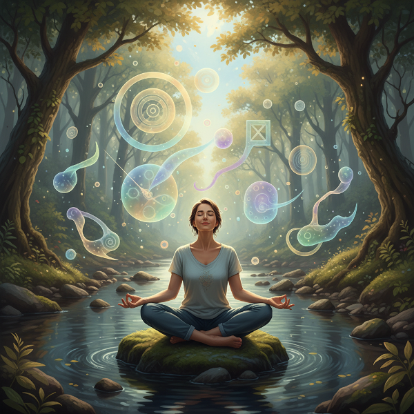 Изображение на човек в медитация сред природата, заобиколен от абстрактни форми, символизиращи баланс и хармония.