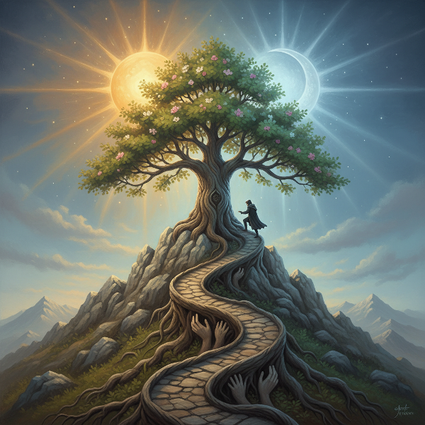 Изображение на път, който се изкачва към планина и се превръща в дърво, символизиращо растеж, с балансиращо слънце и луна.