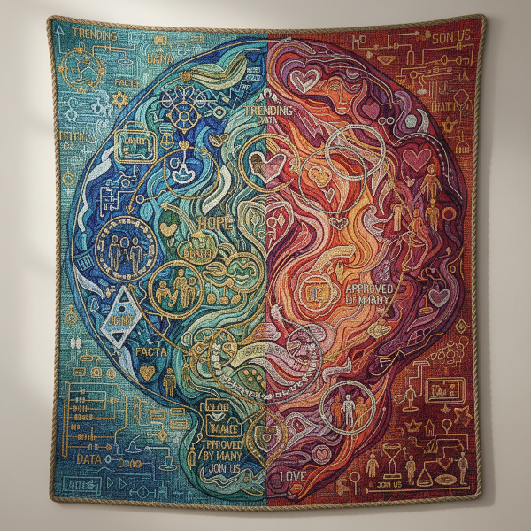 Сложна плетеница от логически, емоционални и социални нишки, символизираща стратегиите за убеждаване в човешката комуникация.