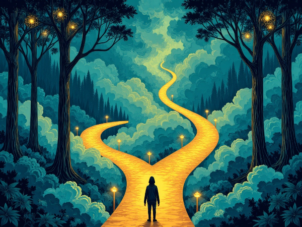 Човек на кръстопът с три пътя, символизиращи логически анализ, интуитивно изследване и практическо реализиране.