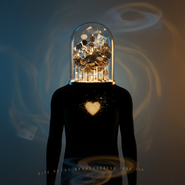 Силилует на човек с прозрачна глава, пълна с плаващи монети, банкноти и финансови диаграми, символизиращ подсъзнателни вярвания за парите.