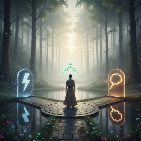 Изображение на човек на кръстопът с три пътя, символизиращи действие, размисъл и социално взаимодействие в спокоен, замислен пейзаж.