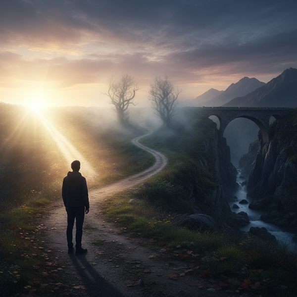 Изображение на човек на кръстопът с различни пътища, символизиращо промяна, несигурност и вътрешна рефлексия.