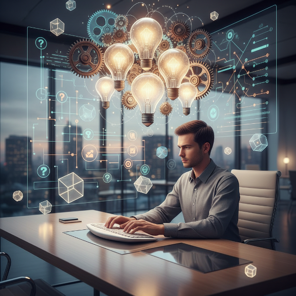 Изображение на човек в модерен офис, заобиколен от символи на креативност и анализ, което илюстрира различните подходи към професионалното развитие.