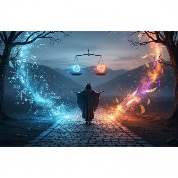 Изображение на човек на кръстопът, символизиращо избора между логика и интуиция при вземане на решения.