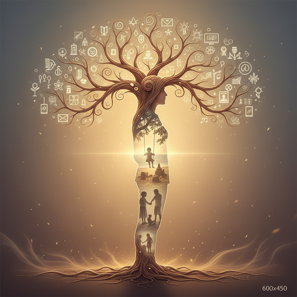 Символично изображение на семейно дърво, преливащо в силует на възрастен, с отблясъци на детски сцени, илюстриращо връзката между миналото и настоящото.