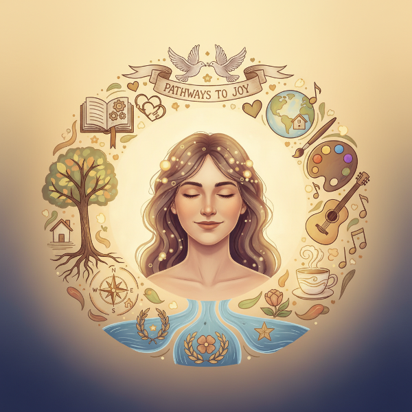 Изображение на спокоен и щастлив човек, заобиколен от символи, представляващи избори, взаимоотношения и лични предпочитания в хармоничен и топъл живот.