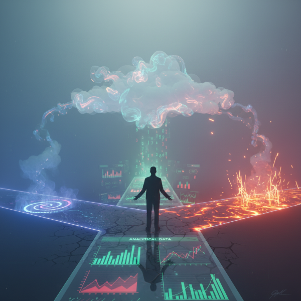 Изображение на човек на кръстопът с три пътя, символизиращи интуитивен, аналитичен и импулсивен стил на вземане на решения.