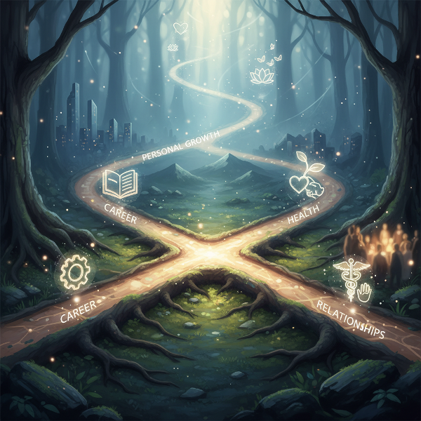 Илюстрация на кръстопът с различни пътища, символизиращи жизнените ценности и избори.