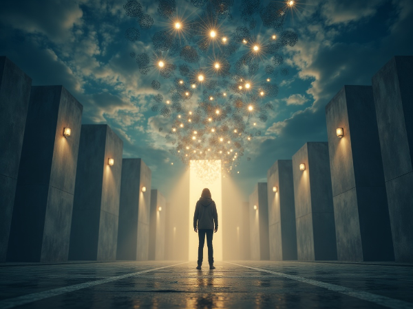 Изображение на човек на кръстопът, гледащ към различни пътища, символизиращи житейски избори и вътрешни мотивации.