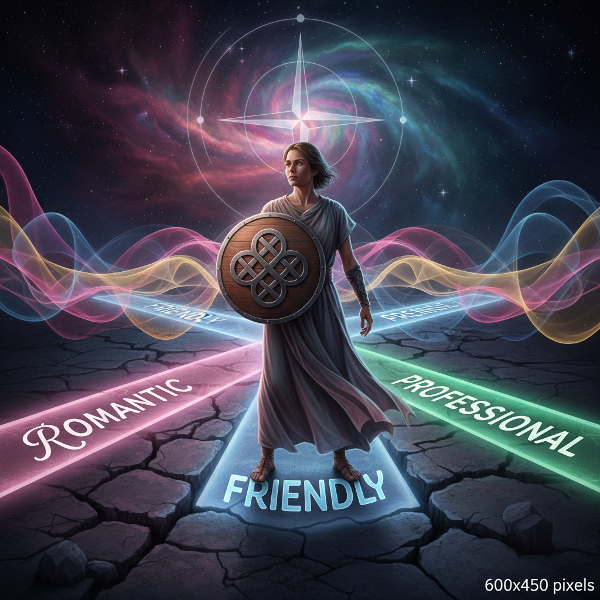 Човек на кръстопът от три светещи пътя, символизиращи различни взаимоотношения, държащ щит за граници с емоционални вълни около него.