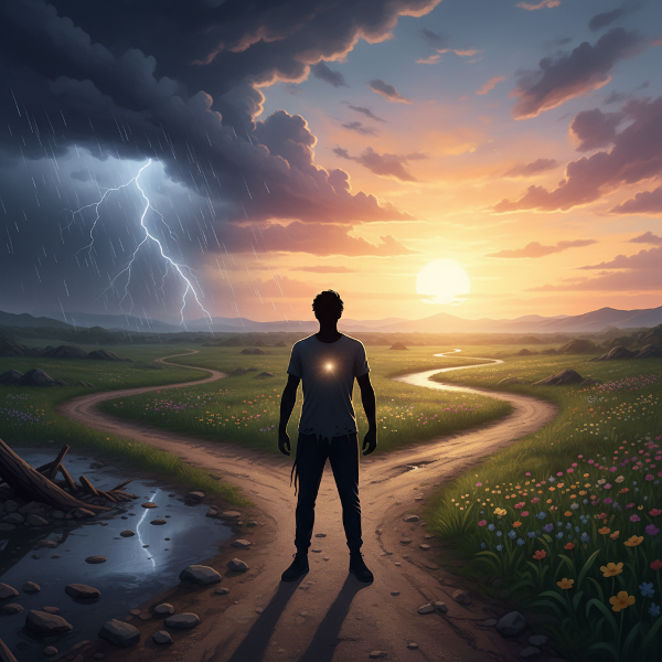 Изображение на човек на кръстопът, с един път тъмен и бурен, а другият води към изгрев, символизиращо възстановяване след трудности.