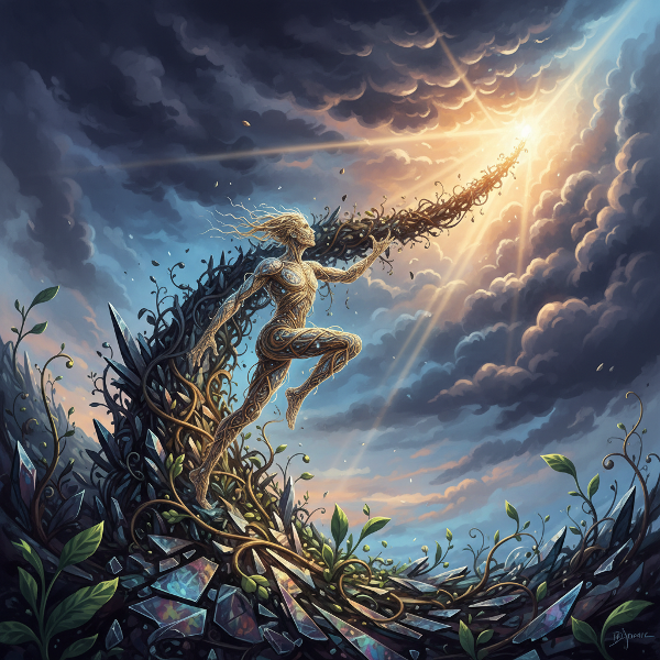 Изображение на човек, който символично преодолява препятствия, с лъч светлина, пробиващ тъмни облаци, илюстриращо устойчивост и растеж от трудности.