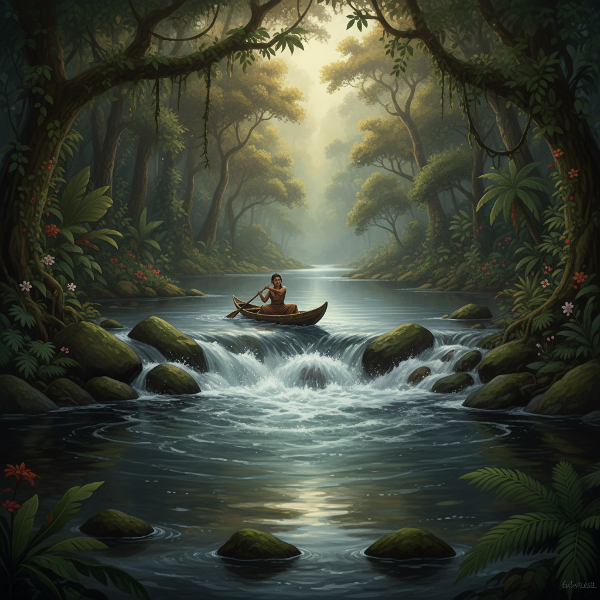 Изображение на река, която символизира житейския път, с човек, който се движи хармонично с течението, илюстрирайки баланс между устойчивост и податливост.