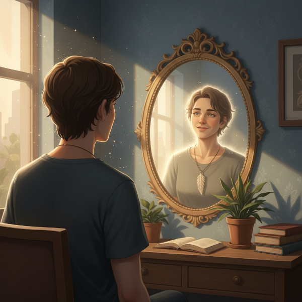 Изображение на човек, гледащ в огледало, което отразява неговата уверена и светеща вътрешна същност, символизиращо саморефлексия и самоприемане.