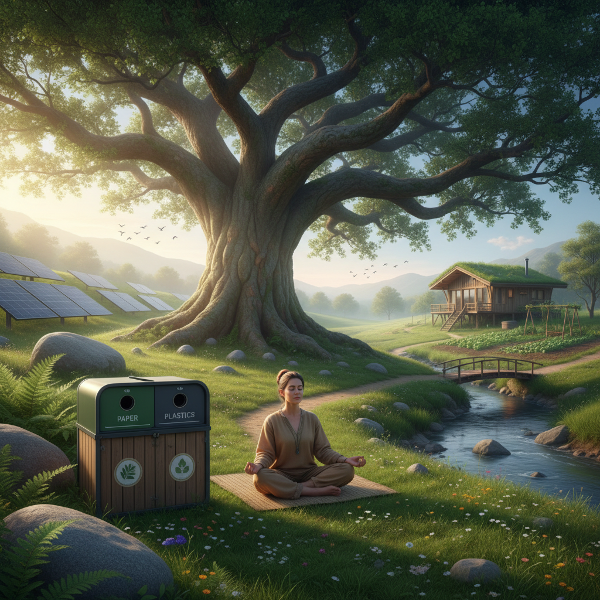 Изображение на спокойствие в природата, съчетано с елементи на устойчив живот, символизиращо връзката между психологическо благополучие и екологична отговорност.