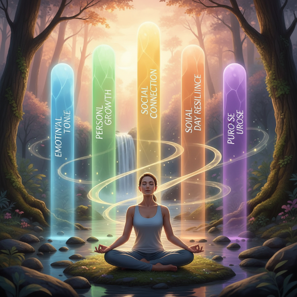 Изображение на спокоен човек в медитация, заобиколен от пет светещи стълба, символизиращи петте основни стълба на благополучието, в хармонична природна среда.